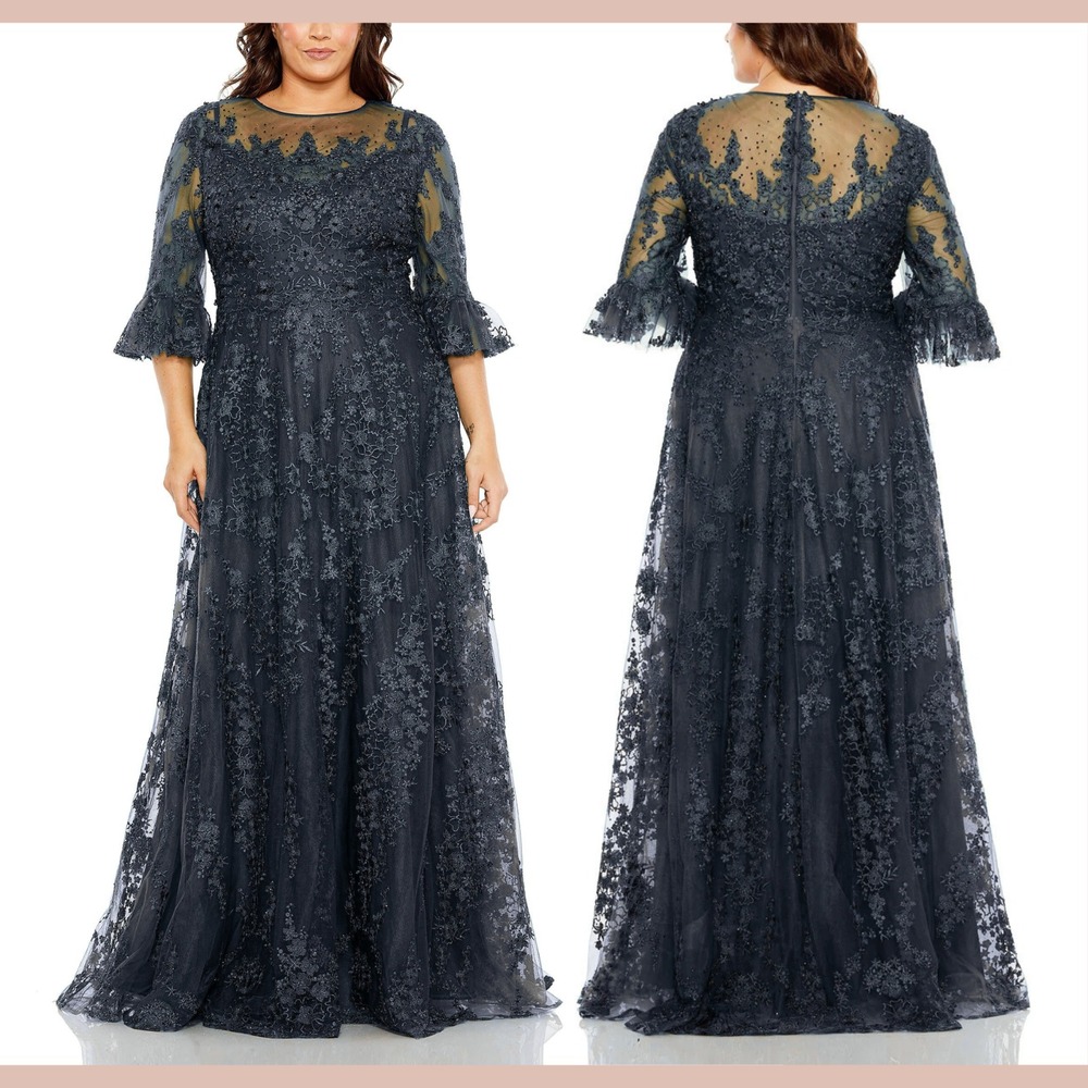 NWT Mac Duggal [ 14W ] 20471 Flutter Sleeve Embroidered A Line Gown‎ Blue S1883